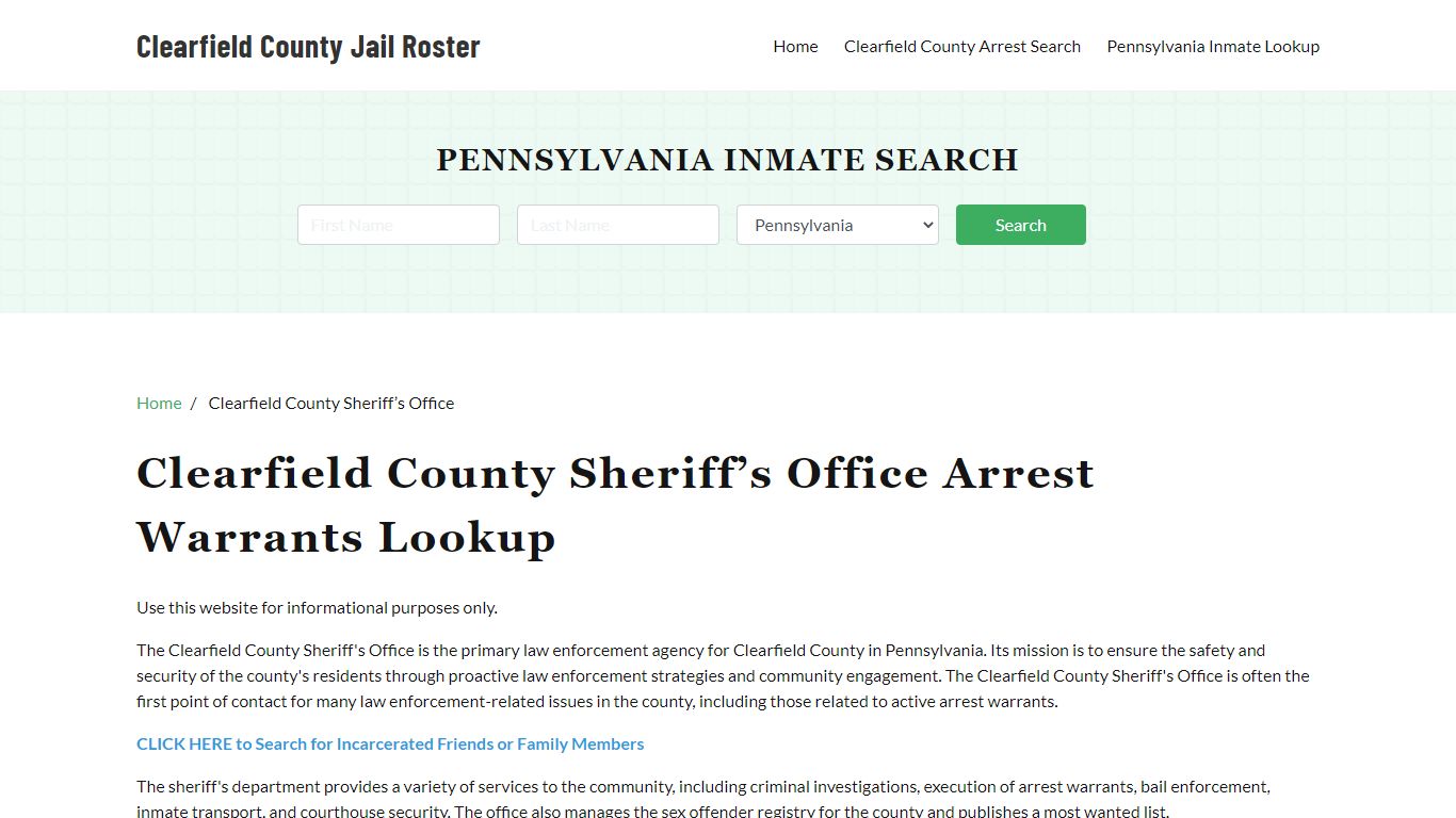 Clearfield County Sheriff Office, PA, Arrest Warrants Search